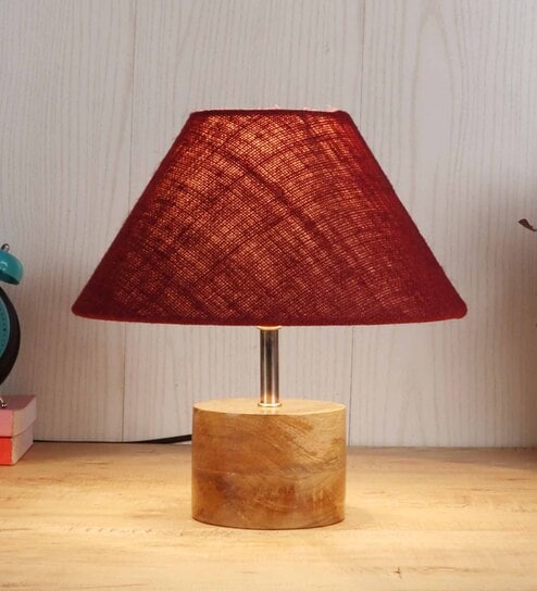 Devansh Wood Table Lamp With Maroon Jute Shade by New Era