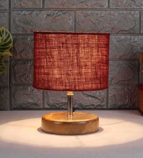 Devansh Wood Table Lamp With Maroon Jute Shade by New Era