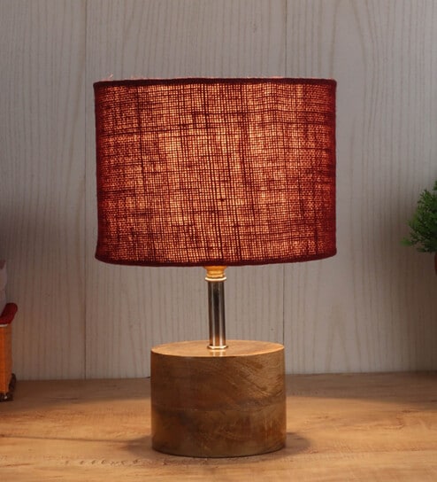 Devansh Wood Table Lamp With Maroon Jute Shade by New Era