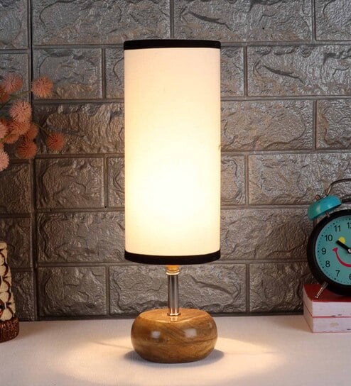 Knepp White & Black Cottan Fabric Shade Table Lamp With Wood Base by New Era