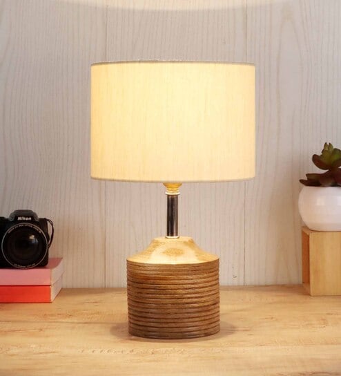Devansh Wood Table Lamp With Off-White Cotton  Shade by New Era