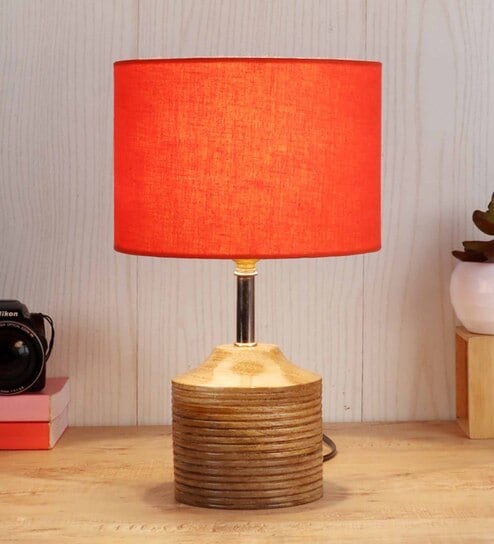 Devansh Wood Table Lamp With Orange Cotton  Shade by New Era