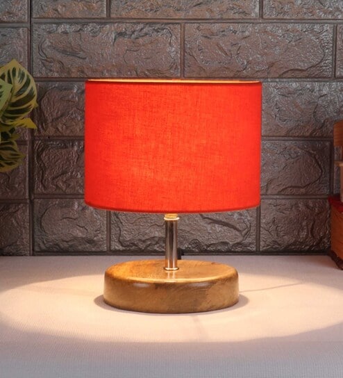 Devansh Wood Table Lamp With Orange Cotton  Shade by New Era