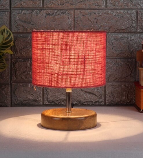 Devansh Wood Table Lamp With Pink Jute Shade by New Era