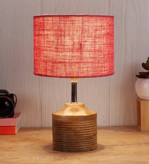 Devansh Wood Table Lamp With Pink Jute Shade by New Era