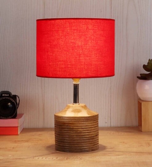 Devansh Wood Table Lamp With Red Cotton  Shade by New Era
