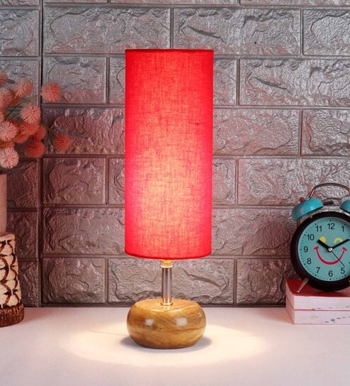 Devansh Wood Table Lamp With Red Cotton  Shade by New Era