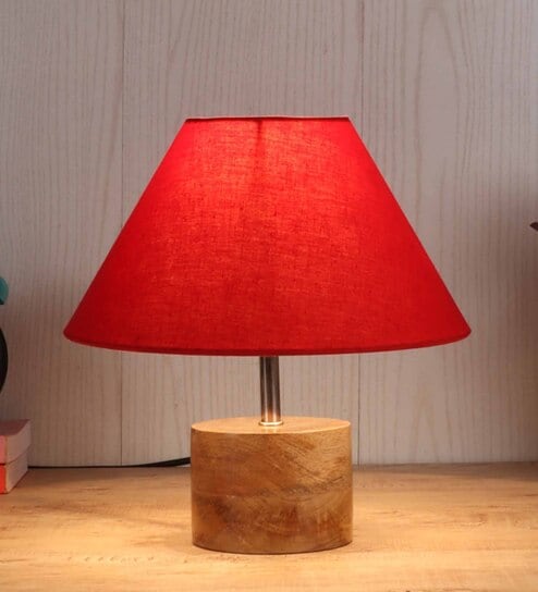 Devansh Wood Table Lamp With Red Cotton  Shade by New Era