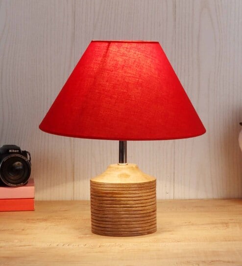 Devansh Wood Table Lamp With Red Cotton  Shade by New Era