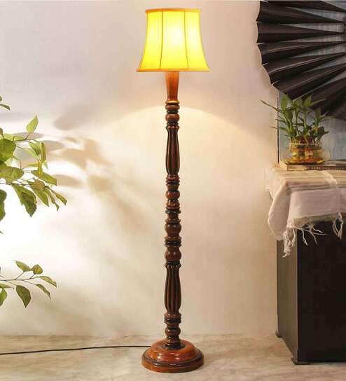 Yellow Cotton Wooden floor Lamp