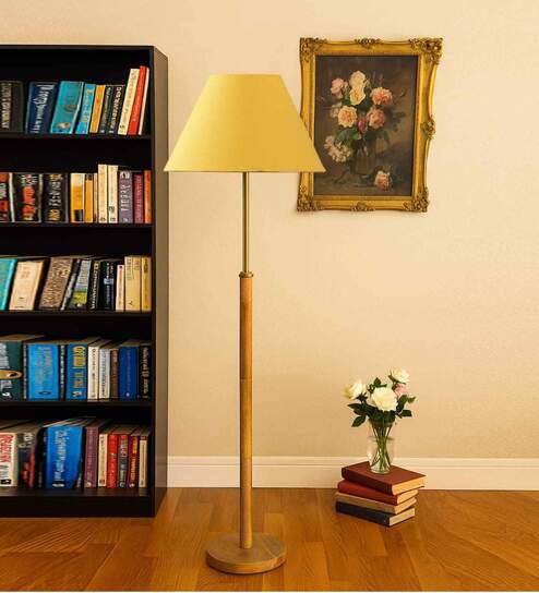 Devansh Yellow cotton Drum shade with   floor lamp with wood base .-