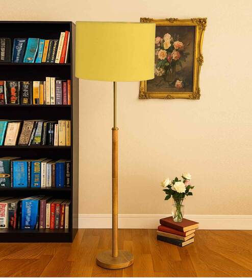 Devansh Yellow cotton Drum shade with   floor lamp with wood base .-