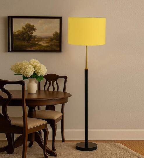 Devansh Yellow cotton Drum shade with   floor lamp with wood base .-