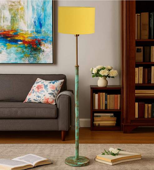 Devansh Yellow cotton Drum shade with   floor lamp with wood base .-
