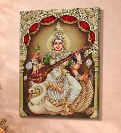 Devi Saraswati Tanjore Stretched Canvas Painting