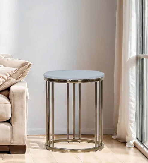 Devon White Marble Top End Table In Golden Finish