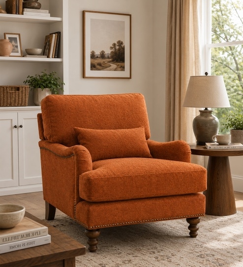 Dexter Walnut Finish Boucle Fabric Lounge Chair In Orange Colour