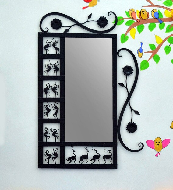 Buy Decorative Tribal Art Abstract Wall Mirror In Black Finish By