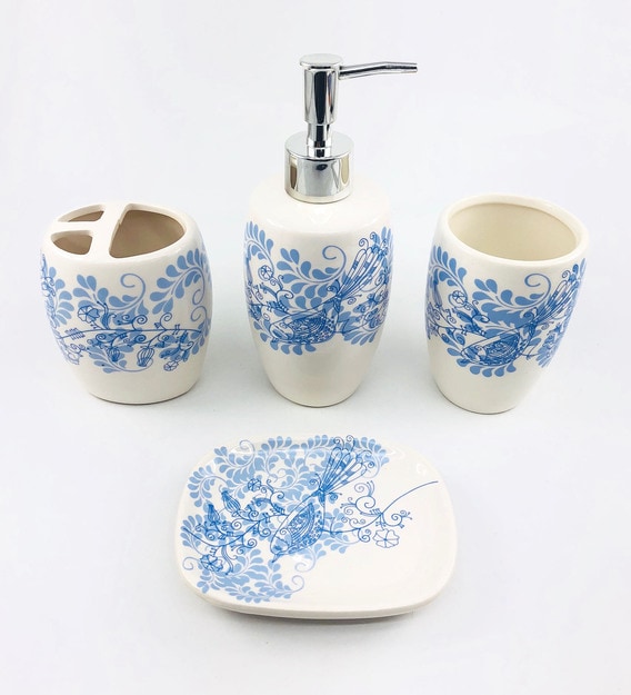 Buy Ceramic Leaves Pattern Counter Top Bathroom Accessories In White Blue Set Of 4 By Go Hooked Online Accessory Sets Accessory Sets Discontinued Pepperfry Product