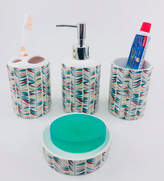 Buy Ceramic Abstract Pattern Counter Top Bathroom Accessories In Multicolour Set Of 4 By Go Hooked Online Accessory Sets Accessory Sets Discontinued Pepperfry Product