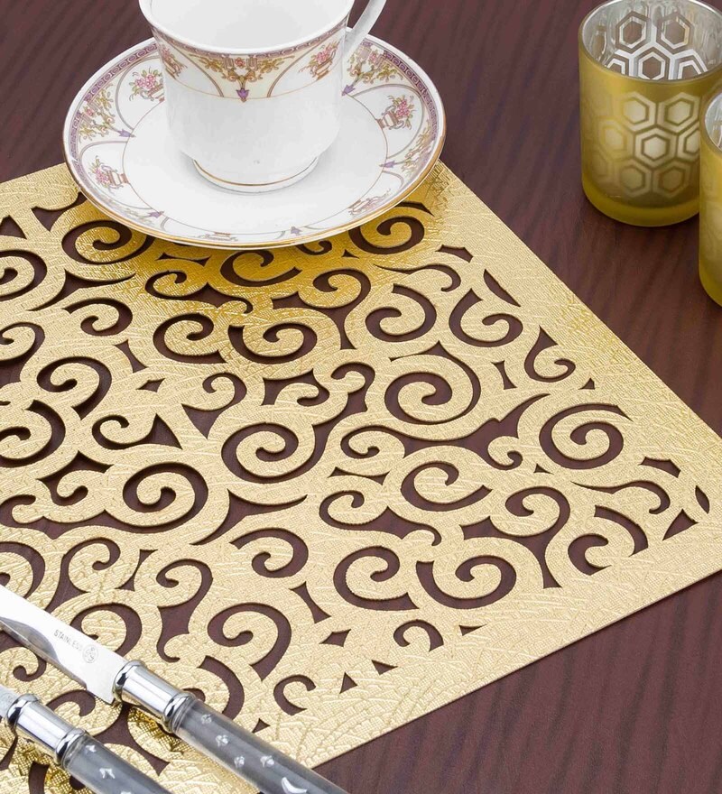 Buy Tiansh Scroll Gold Square Table Placemat 12 Inch Set Of 2 Online Placemats Placemats Furnishings Pepperfry Product