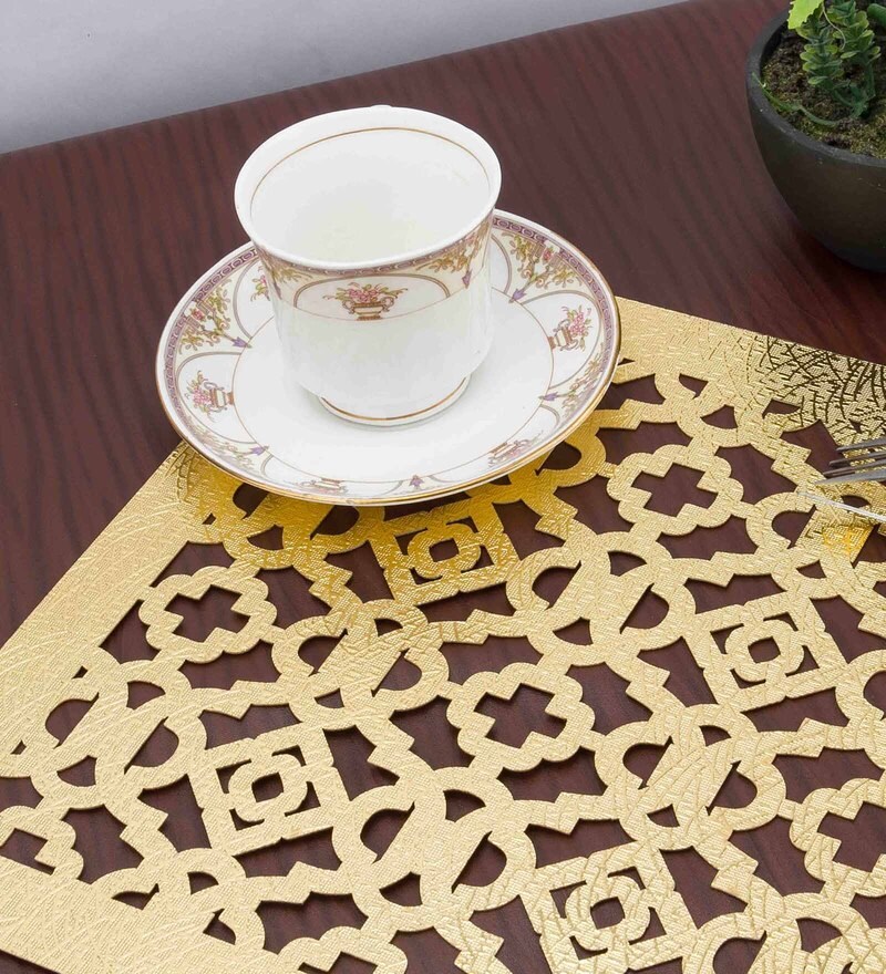 Buy Gold Synthetic Leather Abstract Placemats Set of 2 by Tiansh Online