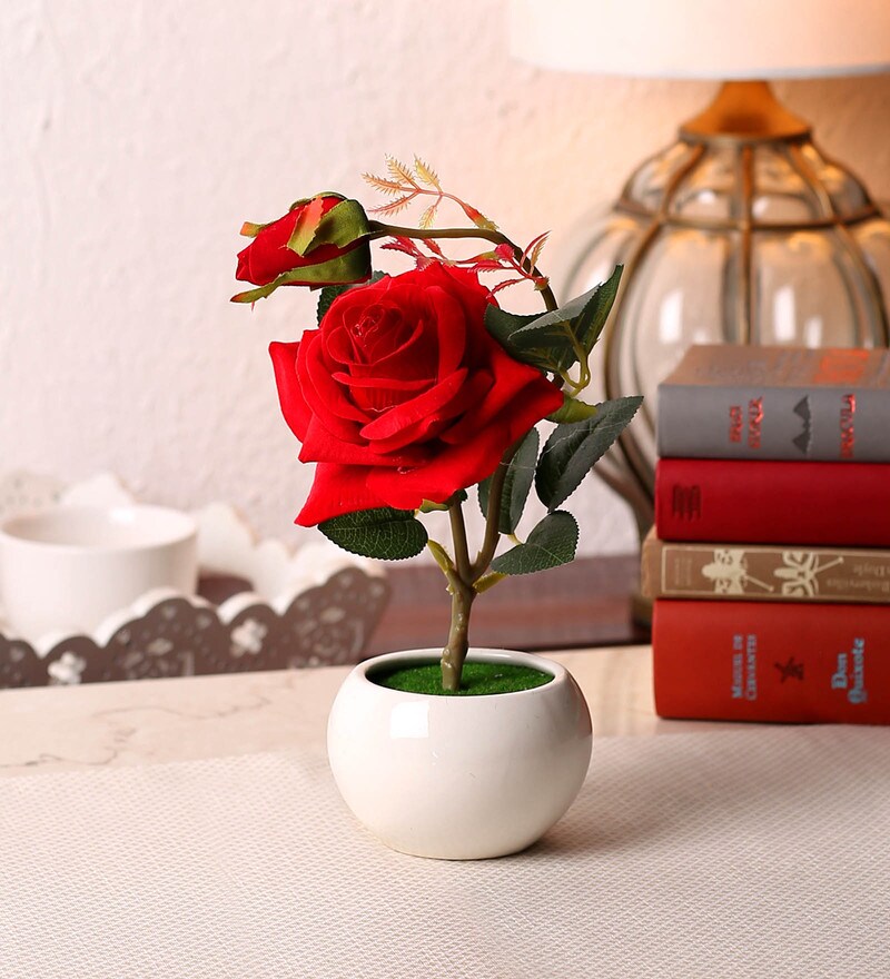 Buy Deep Pink Porcelain Artificial Flowers Pot with Rose Flower by SS
