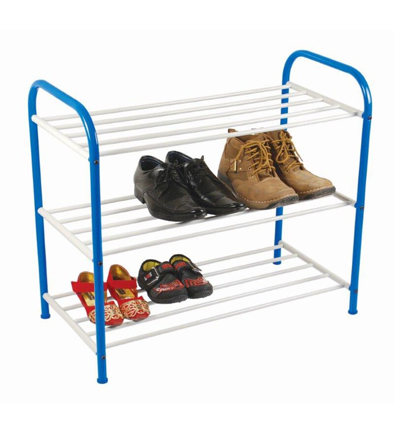 Buy Deneb Stainless Steel White Blue 3 Tier Shoe Rack Online Modern Metal Shoe Racks Shoe Racks Furniture Pepperfry Product