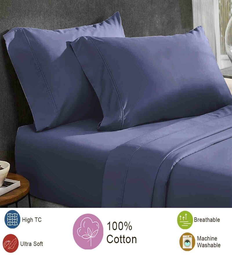 Buy Denim Blue Solid 300 TC Cotton Satin King Sized Bedsheet With 2