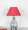 Decade Blue Luster Glass And Metal Table Lamp With Maroon Cotton Shade
