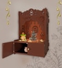 Designer Holy Symbol Om Brown Wood Temple with Inbuilt Focus Light & Spacious Shelf