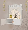 Designer Holy Symbol Om White Wood Temple with Inbuilt Focus Light & Spacious Shelf