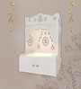 Designer Holy Symbol Om White Wood Temple with Inbuilt Focus Light & Spacious Shelf