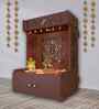 Brown Finish Designer Intricate Jali Design Pattern Floor Temple with Spacious Wooden Shelf & Inbuilt Focus Light-