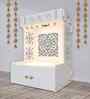 White Finish Designer Intricate Jali Design Pattern Floor Temple with Spacious Wooden Shelf & Inbuilt Focus Light