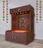 Brown Finish Designer Intricate Jali Design Pattern Floor Temple with Spacious Wooden Shelf & Inbuilt Focus Light-