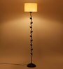 Designer Leaf Wrought Iron Off White Cotton Shade Floor Lamp with Black Base