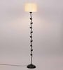Designer Leaf Wrought Iron Off White Cotton Shade Floor Lamp with Black Base