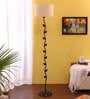 Designer Leaf Wrought Iron Off White Cotton Shade Floor Lamp with Black Base