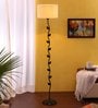 Designer Leaf Wrought Iron Off White Cotton Shade Floor Lamp with Black Base