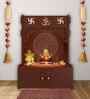 Brown Finish Designer Om Chakra Floor Temple with Spacious Wooden Shelf & Inbuilt Focus Light