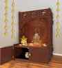 Brown Finish Designer Om Chakra Floor Temple with Spacious Wooden Shelf & Inbuilt Focus Light