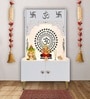 Designer Om Chakra Floor Temple with Spacious Wooden Shelf & Inbuilt Focus Light- White Finish