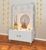 Designer Om Chakra Floor Temple with Spacious Wooden Shelf & Inbuilt Focus Light- White Finish