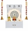 Designer Om Chakra Floor Temple with Spacious Wooden Shelf & Inbuilt Focus Light- White Finish