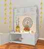 Designer Om Chakra Floor Temple with Spacious Wooden Shelf & Inbuilt Focus Light- White Finish