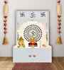 Designer Om Chakra Floor Temple with Spacious Wooden Shelf & Inbuilt Focus Light- White Finish