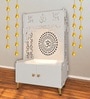 Designer Om Chakra Floor Temple with Spacious Wooden Shelf & Inbuilt Focus Light- White Finish