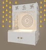 Designer Om Chakra White Wood Temple with Inbuilt Focus Light & Spacious Shelf