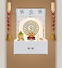Designer Om Chakra White Wood Temple with Inbuilt Focus Light & Spacious Shelf